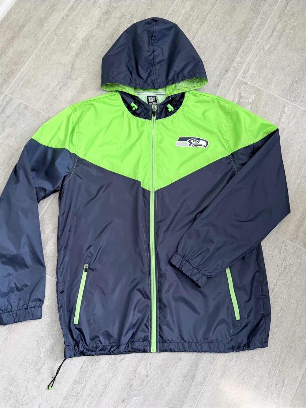 Seattle Seahawks NFL Team Apparel Hooded Windbreaker Rain Jacket Green Navy Mens